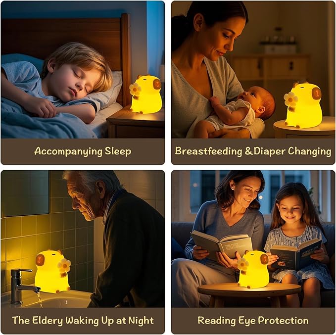 Capybara Night Light, Nursery Lamp, 7-Color RGB & 3-Level Dimmable WarmLight, Tap Control, 30Min Timer, 100% Safe &Soft Silicone, Adorable, Soothing Ambiance, Gift for Kids, Detachable Flower
