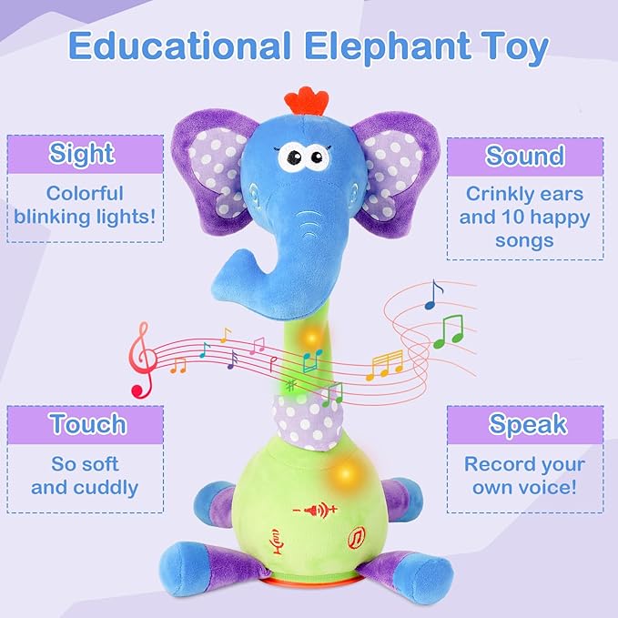 Dancing Talking Elephant Plush Toy, Interactive Mimicking R5ecording Repeating Elephant Stuffed Animal, Singing 10 Children's Songs, Tummy Time Toy for Toddlers 1-3 Years, Forest Birthday Party Gifts