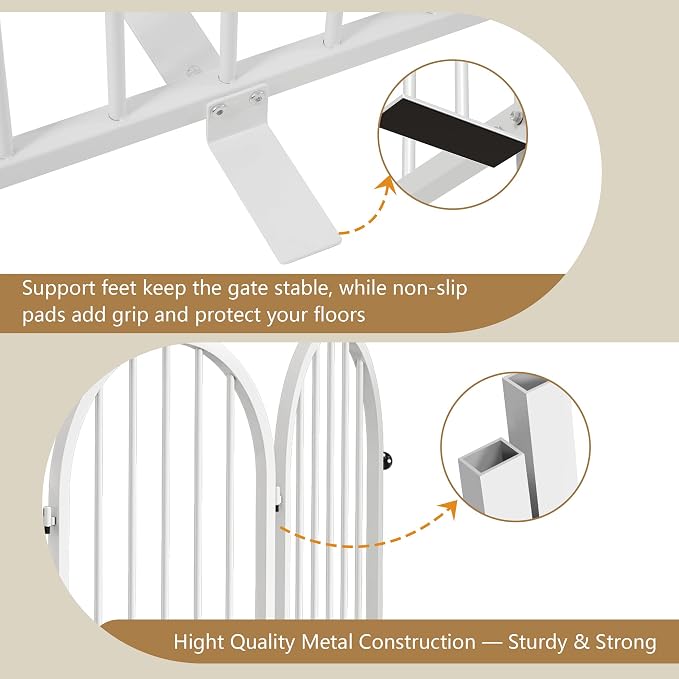 PUPETPO Full Metal Dog Gate for Indoor Outdoor, 32" Tall Free Standing Pet Dog Fence, 36" Wide Arched Pet Gates for Stairs, Hallways, Doorways, Kitchen, Decks, Yards (White, 2 Panels)
