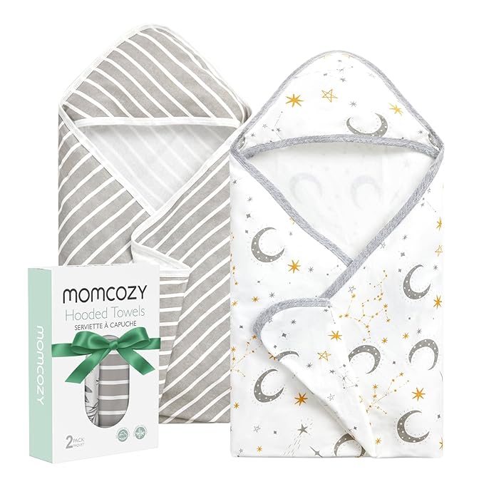 Momcozy Hooded Baby Towel, 2 Pack Baby Bath Towel with Large 35 X 35 Inch, Super Soft Cotton and Hooded Towel for Newborn, Toddler and Kid, Starry Sky