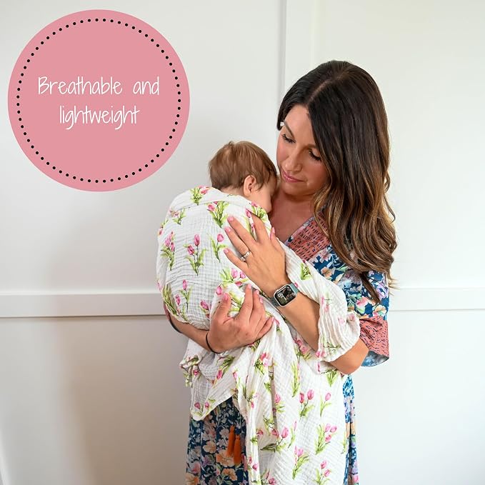 LollyBanks Muslin Swaddle Blankets 2 Pack, 100% Cotton Baby Blanket for Girls, Soft and Breathable 47 x 47 Inches Newborn Swaddle Blanket, Newborn Essentials Must Haves (Hydrangea and Tulip)
