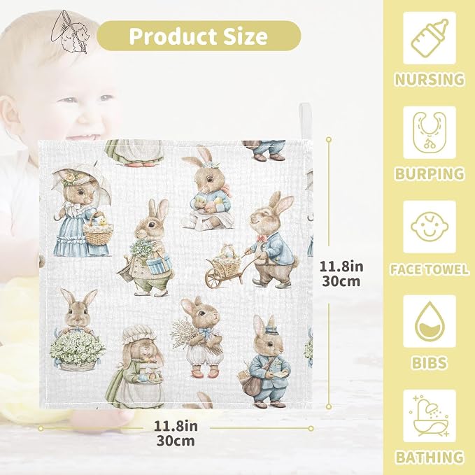 vvfelixl Easter Rabbits Bunny Baby Burp Cloths Baby Muslin Washcloths for Boys Girls Cotton Baby Face Towel for Newborn Infants Soft and Absorbent 11.8 X 11.8 in, 5 Pack