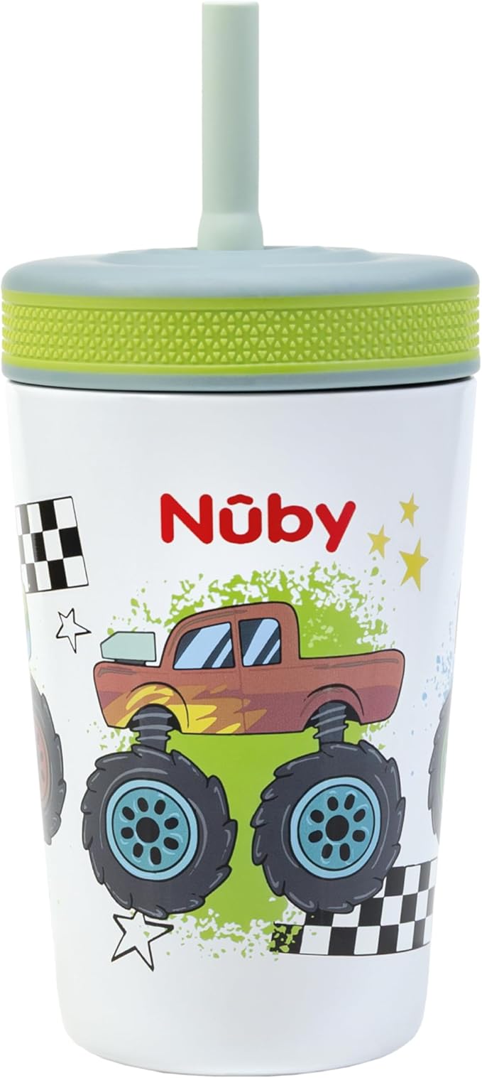 Nuby Thirsty Kids Insulated Toddler Cup with Silicone Flexstraw - 12 oz - Stainless Steel and Leak-Resistant - 18+ Months - Monster Trucks