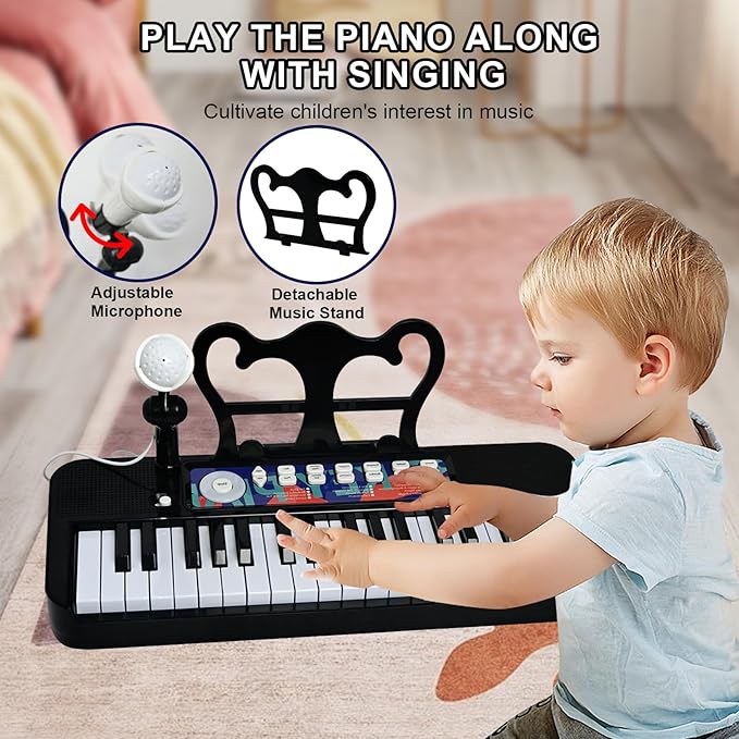 Love&Mini Piano Toy for Kids - 37 Keys Piano Keyboard Toy with Stool and Microphone, Black Electronic Musical Instrument Birthday Gift for Kids 3 4 5 6 7 8 Years Old Boys and Girls