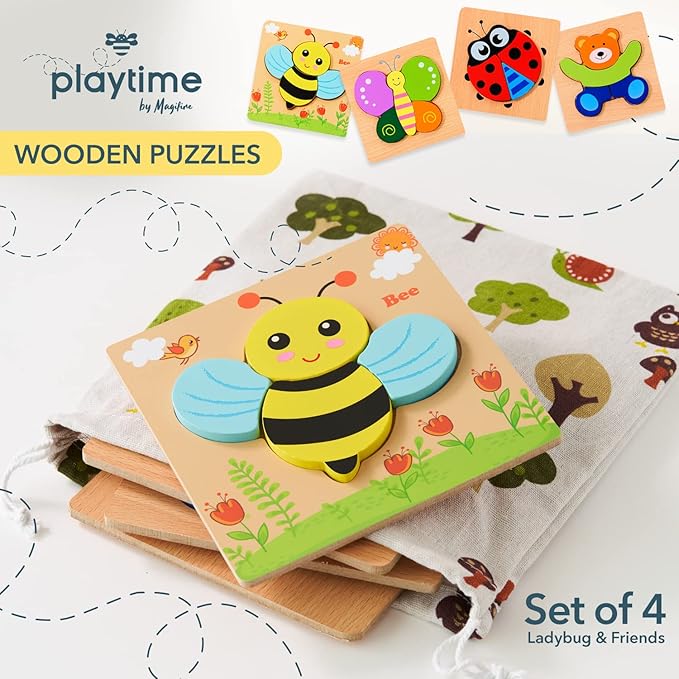 Magifire Wooden Puzzles, Set of 4 Puzzle Toys for Kids Toddlers 1–3, Baby Educational Animal Toys with Chunky Pieces & Bag - Butterfly, Bee, Ladybug, Bear