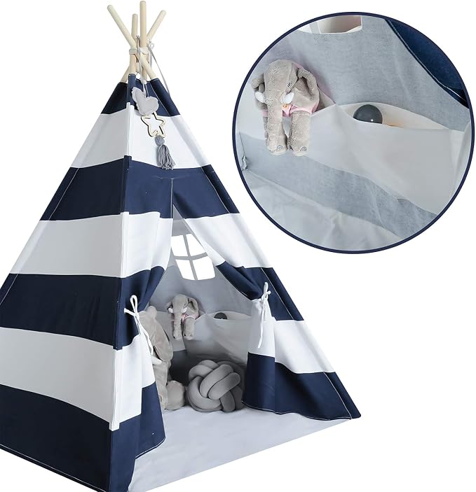 Kids Teepee Tent for Boys Navy White Stripe Teepee Tent Indian Canvas Tents for Toddlers Indoor Playhouse Play Tent for Kids