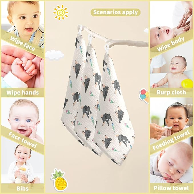 vvfelixl Baby Cotton Washcloths Black French Bulldog Infants Bath Towel for Unisex Face Towels for Newborn, Natural Baby Wipes Delicate Skin, 11.8 X 11.8 inch, one sizex5