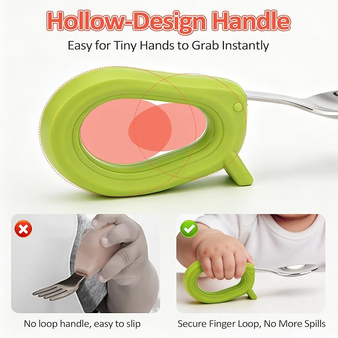 Toddler Utensils Set, 4PCS Stainless Steel Forks & Spoon with Silicone Handle, Self Feeding Training Baby Spoons, BPA-Free Anti-Choke, with 2 PCS Portable Travel Cases, Dishwasher Safe