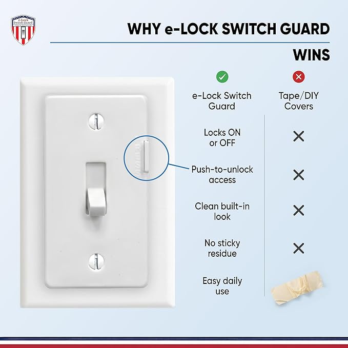 eLock Switch Guard for Toggle Switches | Child Proof Light Switch Lock with ON/OFF Push Button | Made in USA | Protect Devices, TV's, Security Camera, Gas Fireplace | Safety Cover | Ivory | 4 Pack