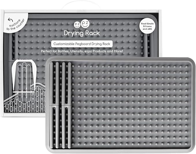 ezpz Drying Rack (Gray) - Silicone Dish Drying Rack with Suction Base - Adjustable Pegs - Odor-Resistant - Dry + Store Baby/Toddler Gear