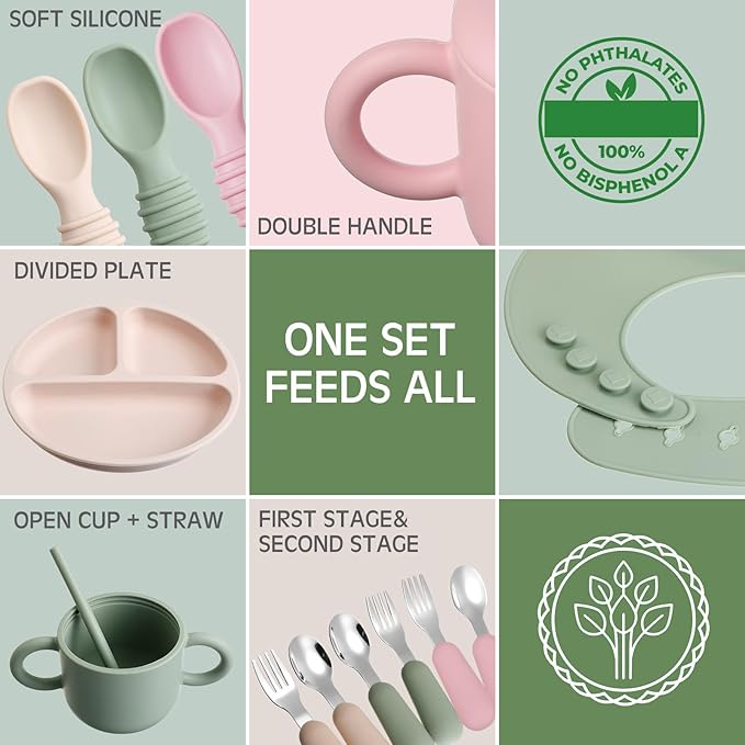 Yinder 24 Pack Silicone Baby Feeding Set Baby LED Weaning Supplies Includes Suction Divided Plates Soft Bowl Spoons Forks Adjustable Bib Snack Cup and Straws(Dark Green, Beige, Light Pink)