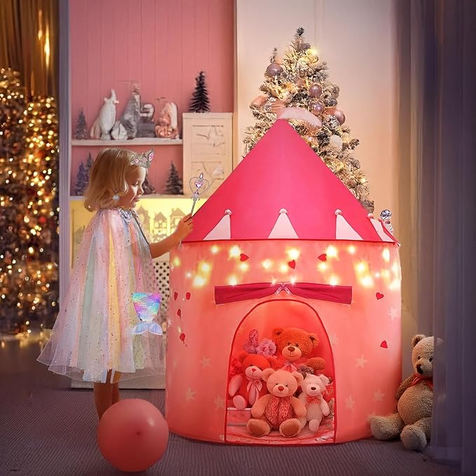 13 Pcs Princess Castle Play Tent with LED Star Lights - Princess Dress-Up Set with Crown for Little Girls - Play Toy Tent - Indoor and Outdoor Girls Castle Playhouse Tent - Rainbow