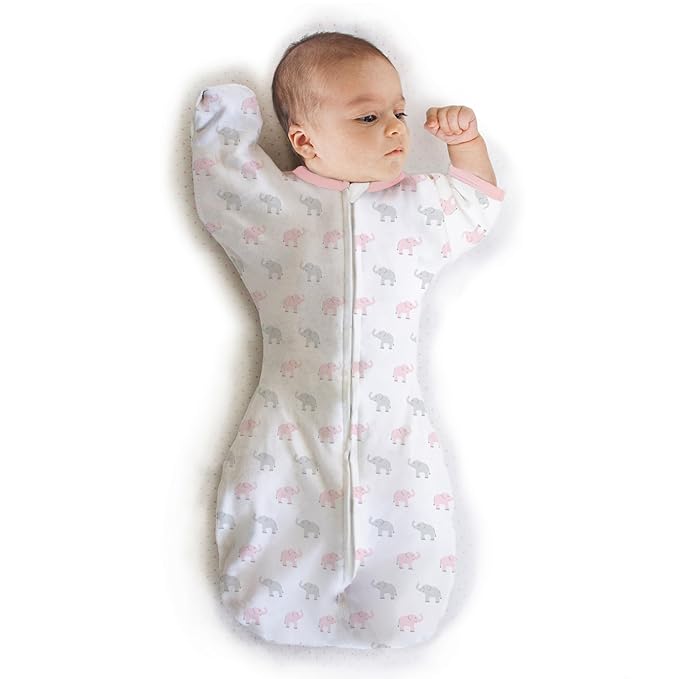 Amazing Baby Transitional Swaddle Sack with Arms Up Half-Length Sleeves and Mitten Cuffs, Medium, 3?? months, 14-21 lbs, Tiny Elephants, Pink (Arms Up Swaddle, Transition Swaddle Sleep Sack)
