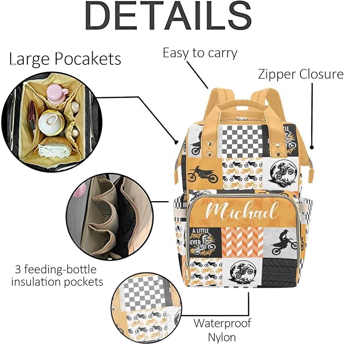 Custom Diaper Bag for Boys Personalized Name Diaper Bag Backpack with Changing Station Custom Motocross Baby Travel Bag Outdoor Nursing Diaper Mommy Backpack with Adjustable Shoulder Straps Nappy Bag