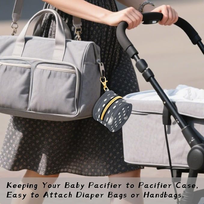 Pacifier Holder with Clip Pacifier Case for Diaper Bag Round Baby Pacifier Pouch Box Bag Portable Grey Polka Dots