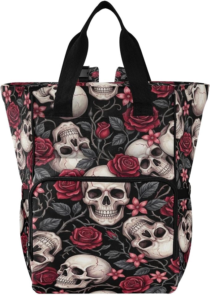 Red Roses Skull Diaper Bag – Insulated Pockets for Mom