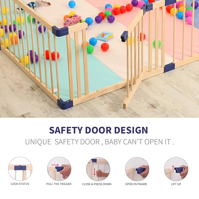 Baby Playpen,Wooden Playpen,Large Wood Adjustable Play Fence,Kid’s Play Space,Wood Baby Playard, Indoor Outdoor Blue Play are with Gate for Infants, Toddlers