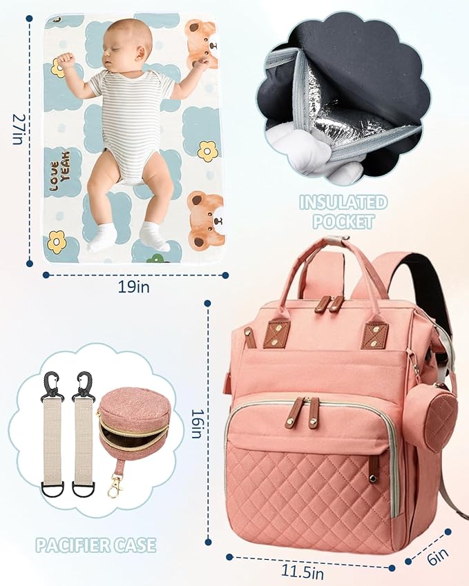 Diaper Bag with Changing Pad – Large Capacity, 15+ Pockets, USB Port, Waterproof Travel Backpack for Mom & Dad – Bonus Pacifier Case - Pink