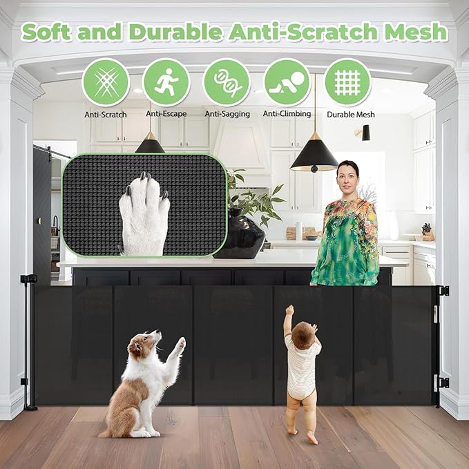 Reinforced 120 Inch Retractable Baby Gates Extra Wide Dog Gate with Support Rods ??Prevent Crawling Under, 10 Feet Extra Long Baby Gates for Large Openings, Indoor/Outdoor Retractable Dog Gate, Black