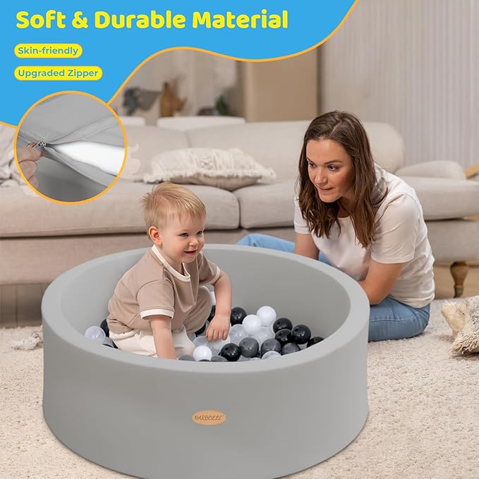 HARBOLLE Baby Ball Pit 35.4" Soft Round Memory Foam Ball Pits NOT Included Balls Indoor Outdoor Playpen for Babies Toddlers Kids Great Gift for Girls Boys, Gray