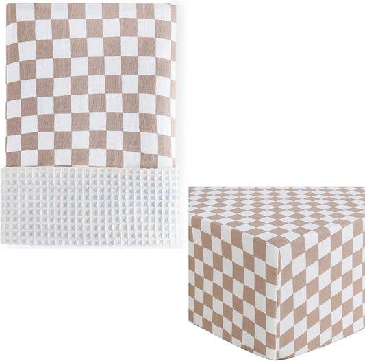 LifeTree Waffle Baby Blankets Neutral, Muslin Checkered Swaddle Blanket for Boys Girls, Fitted Crib Sheets Infant Newborn, 70% Viscose from Bamboo and 30% Cotton