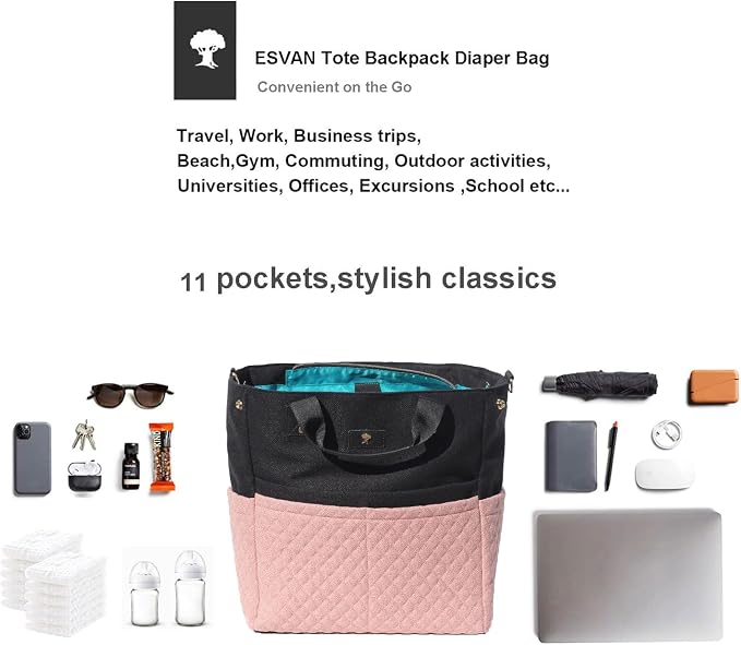 ESVAN Diaper Tote Bag Totepack Backpack Crossbody Bag 3 in 1 for Women Laptop Backpack Multifunctional with Insulated Pockets