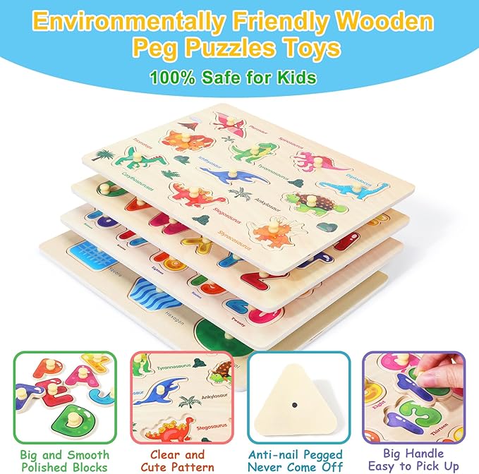 Montessori Wooden Peg Puzzles for Toddlers 3 4 5 Year Old, 4 Pcs Kids Educational Toys Preschool Learning Activities-Alphabet, Shape, Number and Dinosaur, Baby Puzzle Gifts for Boys Girls