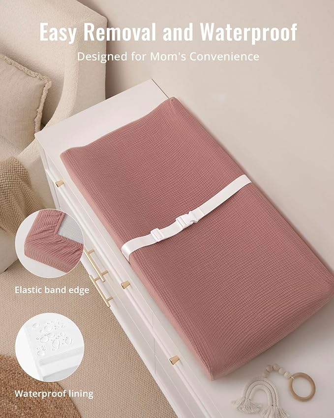 Blissful Diary Muslin Baby Changing Pad with Waterproof Lining Foam, Diaper Changing Table Pad with Cover for Dressers (Dusty Pink, Rectangular)