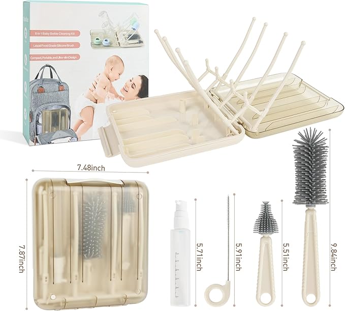 Baby Bottle Brush Set, 6-in-1 Travel Bottle Cleaning Kit with Silicone Bottle Brush, Nipple & Straw Brush, Soap Dispenser, Drying Rack, Storage Box ??Compact Travel Baby Essential for Home & On-The-Go