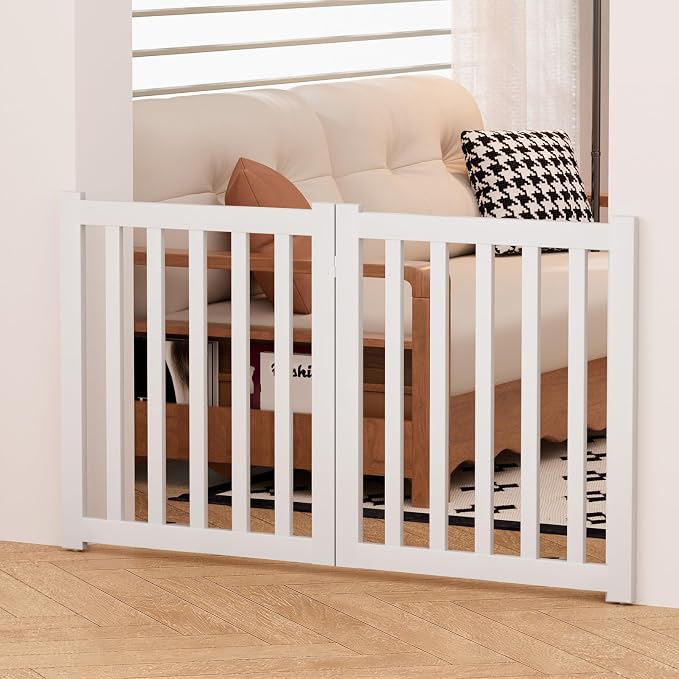 Wooden Freestanding Foldable Dog Gate, 24 Inch Height 2 Panel Pet Gate No Drill for Doorways Stairs, Fully Assembled Indoor Puppy Fence (White, 40" W x 24" H)
