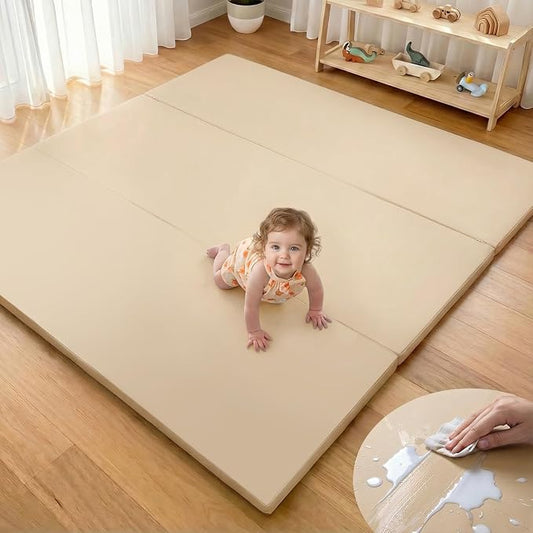 Mallify Foldable Baby Play Mat, 50''x50'' Waterproof Thicken Foam Vegan Leather Playpen Mat for Infants and Toddlers, Portable Baby Mat for Floor, Beige