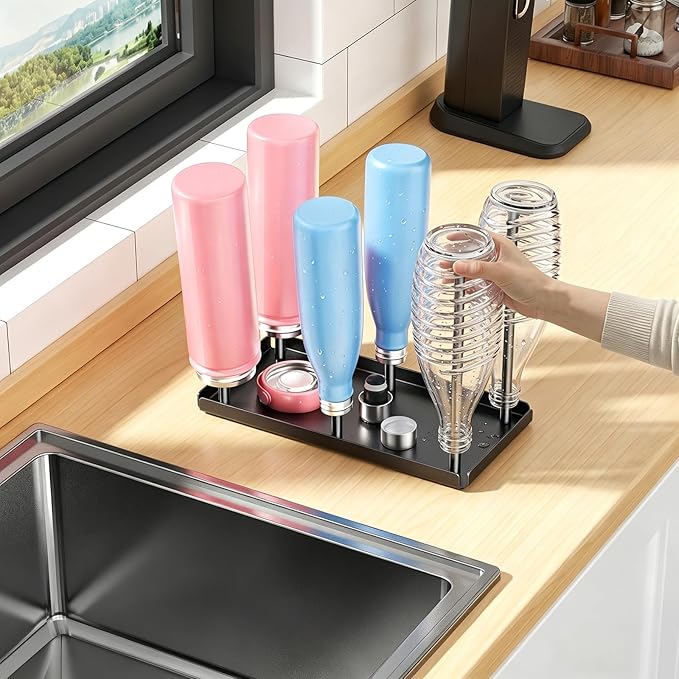 Water Bottle Drying Rack with Drain Tray, Cup Drying Rack for Counter, Metal Tumbler Dryer Stand with 6 Pegs, Space-Saving Drying Rack for Water Bottles, Baby Bottle, Glass & Reusable Bag (Black)