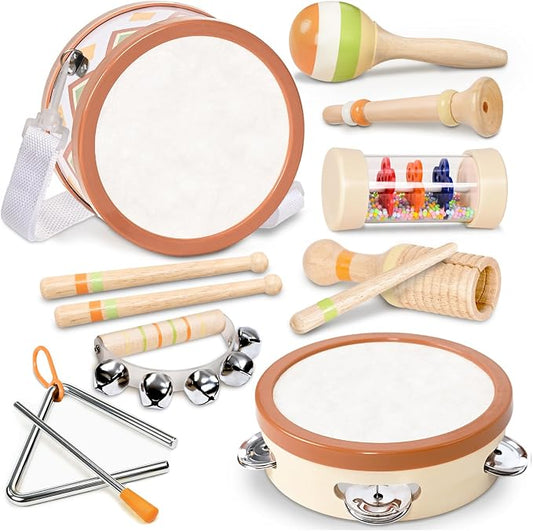 WINGYZ Musical Instruments Set for Kids - Wooden Percussion Toys for Toddlers 1-3, 8-Piece Montessori Educational Music Kit, Neutral Colors Birthday Gift for Boys Girls