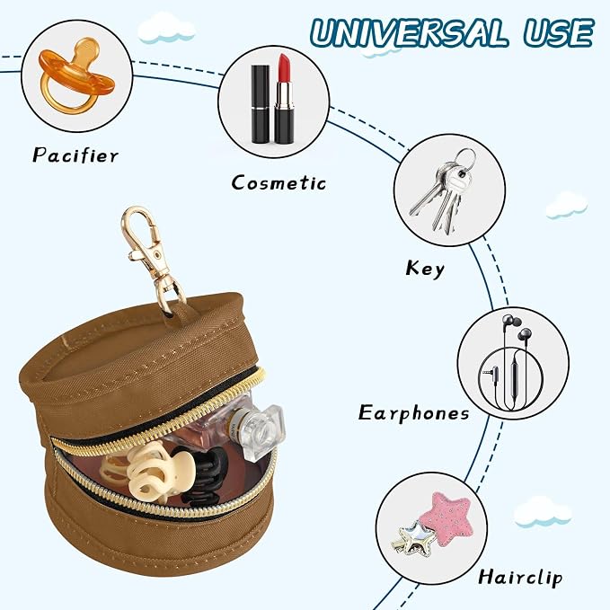 Brown Pacifier Holder Case Newborn Pacifier Storage Pouch for Boys Girls Easy Attach to Diaper Bag Portable Baby Essentials Container