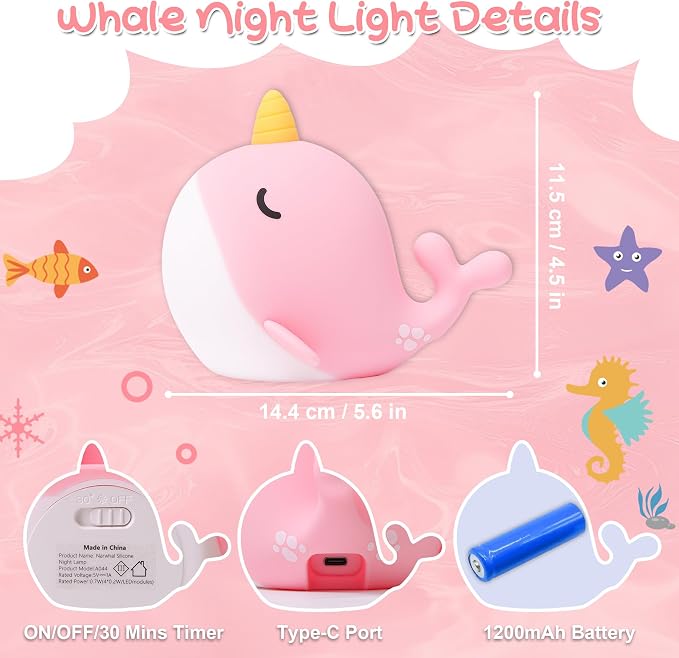 Whale Lamp, Narwhal Nursery Nightlight for Kids, Soft Silicone Animal Night Light with 3 Levels of Brightness & 30 Mins Timer, Whale Gifts for Girl Birthday Holiday Decoration