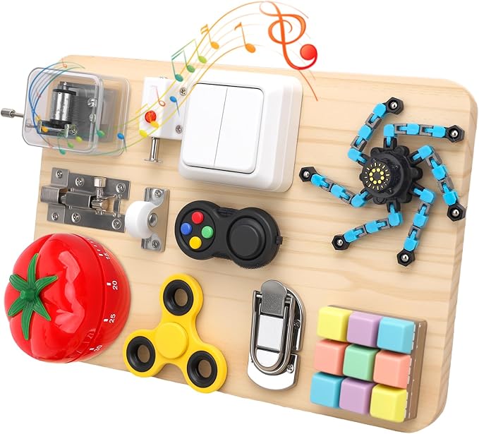 Umnodobn Wooden Montessori Busy Board, Sensory Activity Toy for Toddlers Kids, Fine Motor Skills Development Plaything, Portable Travel Fidget Board for Boys Girls, Educational Focus & Thoughtful