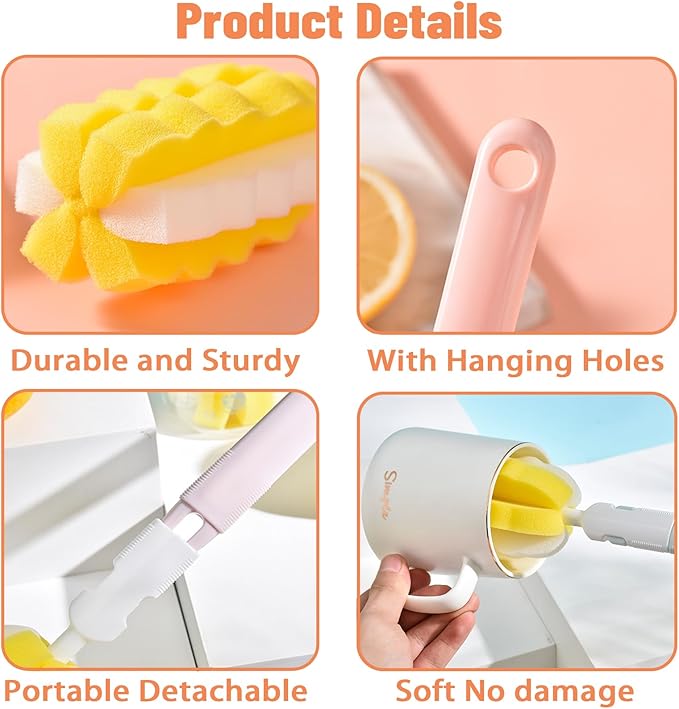 4PCS Baby Bottle Brush Set - Milk Bottle & Nipple Cleaner with 4 Detachable Portable Scrubber Brushes