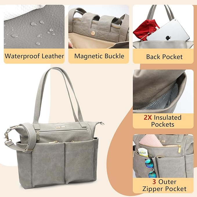 miss fong Diaper Bag Tote Baby Bag Leather Diaper Backpack Large Diaper Tote Bag for girls & boys Diaper Bag Purse with 11 Pockets,Changing Pad, Stroller Straps,4 Insulated Pockets