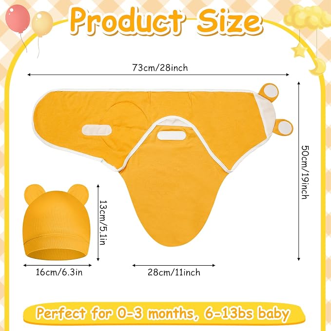 Ramede 6 Pack Swaddle Blanket with Hats for Baby Girl Boy 100% Cotton Swaddles 0-3 Months, Adjustable Breathable Skin Friendly Receiving Blanket Wrap, Essential for Newborns(Rainbow,Yellow)