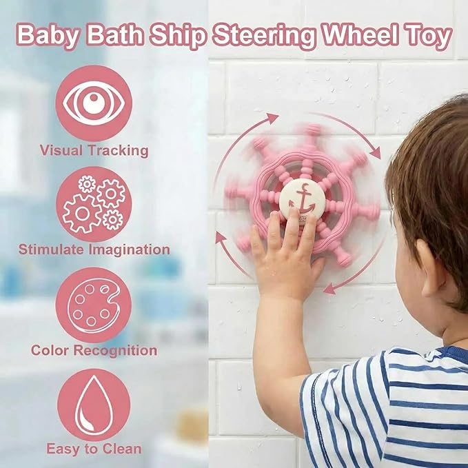Baby Suction Spinner Toys for Bathtub, Silicone Pink Toddler Bath & High Chair Toys for 1 Year Old Boy/Girl Birthday Gift, Interactive Ship Steering Wheel InfantToy for Car Window Travel