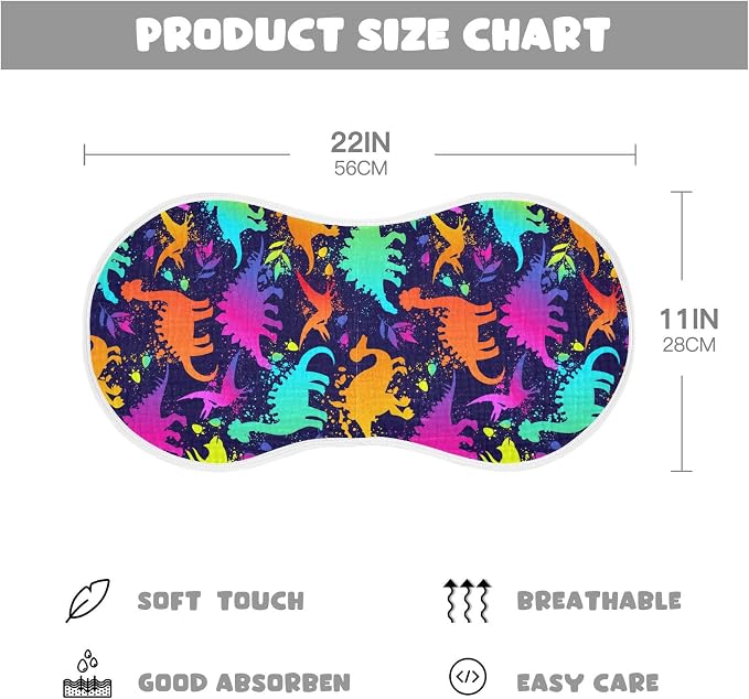 Muslin Burp Cloths for Baby Boys and Girls - 1-Pack Ultra Absorbent Bright Neon Dinosaurs Muslin Washcloths, Newborn Towel, Milk Spit Up Rags, Burp Cloth Bib for Unisex, 22 x 11 Inch