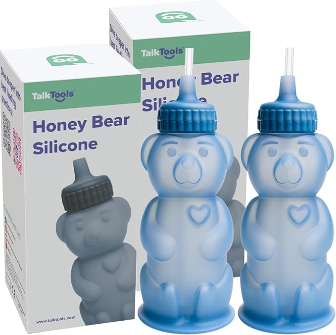 TalkTools Honey Bear Silicone Straw Cup, Dishwasher Safe Baby Drinking Bottle, Premium Food-Grade Material, Honeybear Sippy Cup for Ages 4+ Months, Kids and Toddlers (Pack of 2-8oz) (Ocean)
