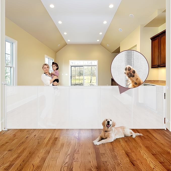 Reinforced 41" Extra Tall Retractable Baby Gates Extra Wide 120" Retractable Dog Gate with Support Rods, Indoor Mesh Baby Gate Retractable Gate Outdoor Extra Tall Dog Gate for Large Openings, White