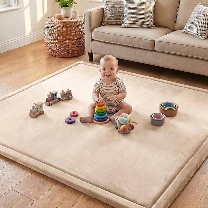 Ultra Soft Baby Play Mat for Floor, 1.3" Thick Memory Foam Tummy Time Mat, Non-Slip Playpen Mat, Baby Playroom Rug, Crawling Mat for Babies,Toddlers, Infants, Kids (Beige, 50"×50"×1.3")