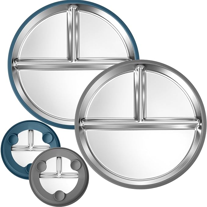 BUSOHA 2 Pack Stainless Steel Kids Plate with Suction - 9??Divided Toddler Baby Plates with Silicone Sleeves 2-in-1 Anti Breakage Metal Toddler Bowls Microwave Dishwasher Safe