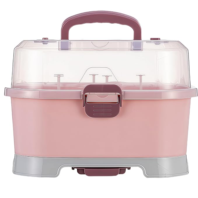 Baby Bottle Drying Rack Storage, Large Nursing Bottle Storage Box Organizer with Cover, Portable Kitchen Cabinet Organizer, Easy to Clean Drainer, Durable countertop Dryer Pink