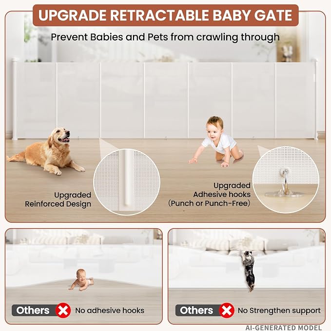 Upgrade Retractable Baby Gates Extra Wide(150" W x 42" H), 150 inch Reinforced Retractable Dog Gate to Prevent Crawling Through, Retractable Gate Outdoor/Indoor, Real One-Handed Operation, White