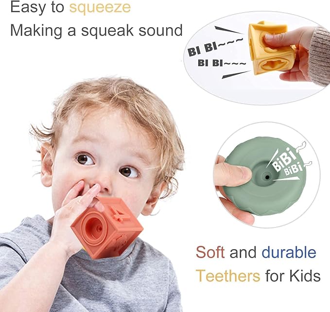 Mini Tudou Baby Blocks & Stacking Rings Toy Set, Baby Sensory Building & Teething Toys Educational Squeeze Play with Animals Shapes Textures Numbers, Holidays for Toddlers Babies 6m+