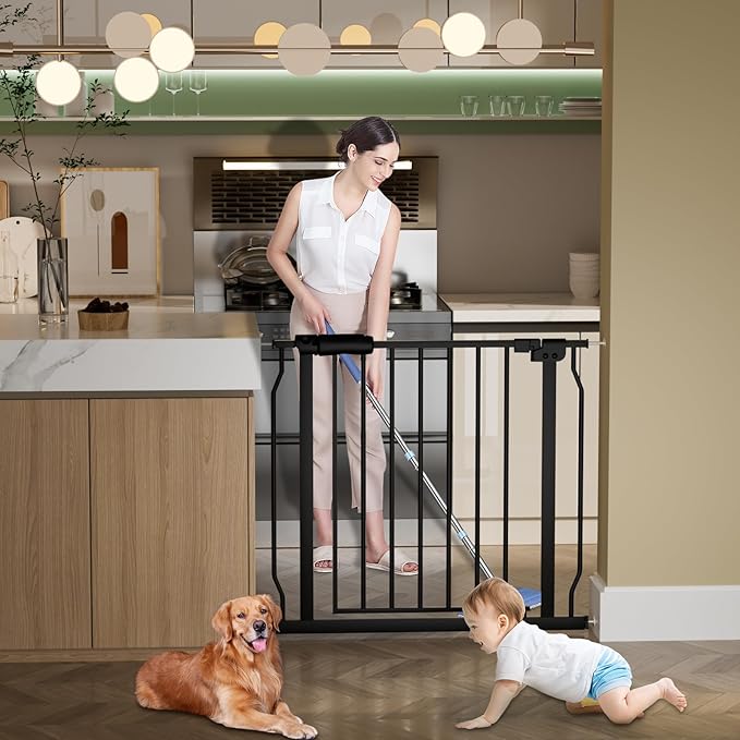 Narrow Baby Gates for Stairs Doorways Auto Close Tension Black Metal Child Pet Safety Gates with Pressure Mount 24-29 Inch Wide