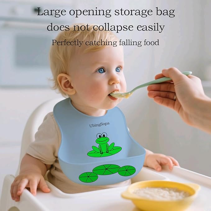 Silicone Baby Bibs ??Adjustable, Soft, Waterproof & Durable, with Large Food-Catching Pocket, Feeding-Friendly